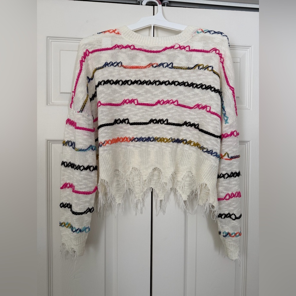 Wild Honey Striped Distressed Cropped Knit Sweater - Medium